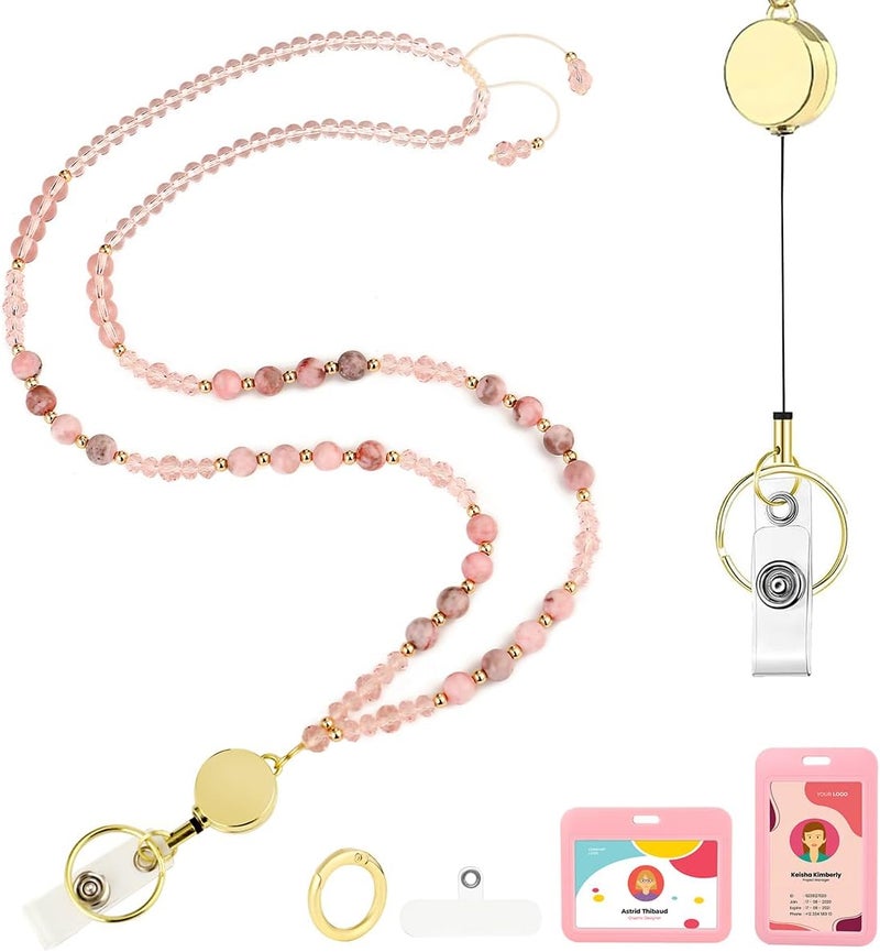 AIDSOTOU Lanyards for ID Badges and Keys,Natural Stone Beaded Teacher Lanyard for Women,Retractable Lanyard with ID Holder Cute Lanyards for Teachers（Pink） - Image 1